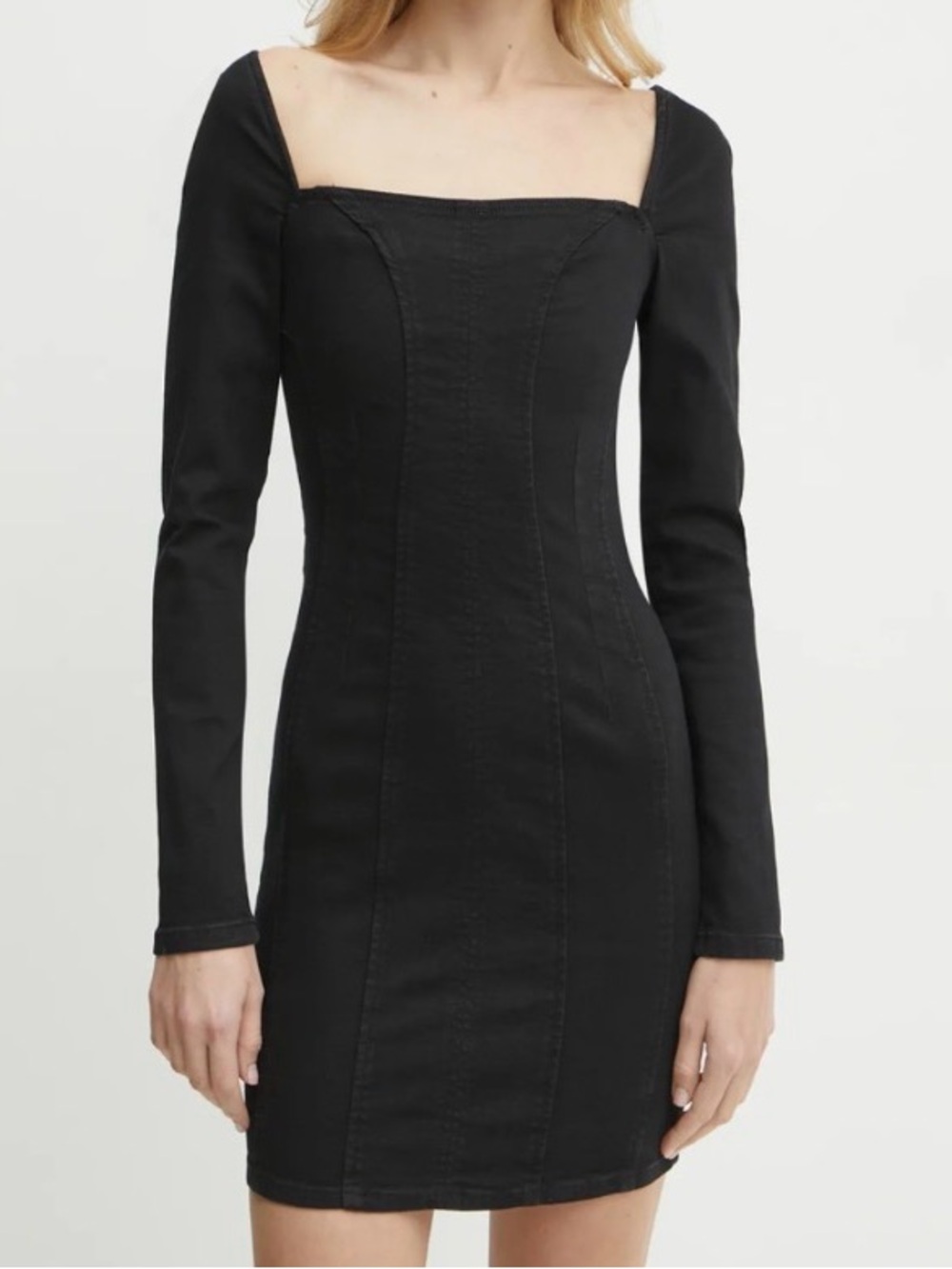 GUESS USA Square-Neck Black Denim Mini Dress Long Sleeve